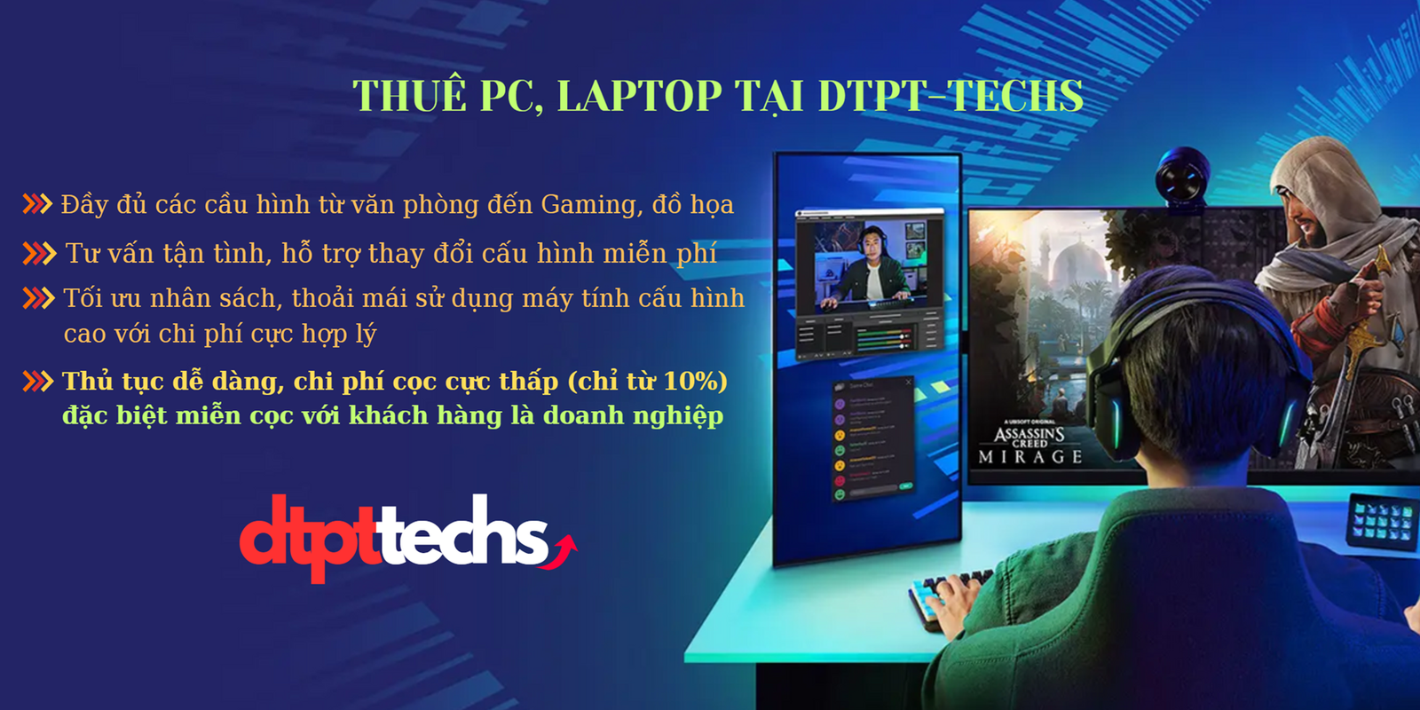 Thuê PC, laptop tại DTPT-Techs. Đầy đủ cấu hình văn phòng, gaming, đồ họa; tư vấn và thay đổi cấu hình miễn phí. Liên hệ để xác nhận chính sách đặt cọc.